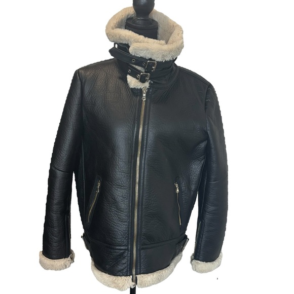 Zara Woman Vegan Leather Sherpa Dark Brown Aviator Jacket size Medium - Picture 1 of 13